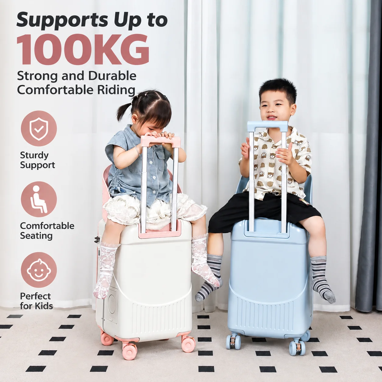 Bunnyfly Kids Ride-On Luggage with Backrest, Cup Holder, Spinner Wheels & 100KG Load Capacity