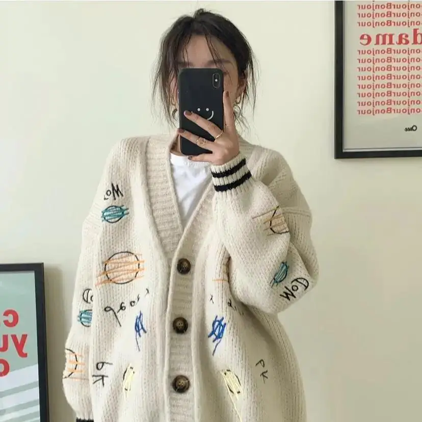 2023 Autumn/Winter Mid Length Loose Thickened Student Embroidered Knitted Cardigan Sweater Coat