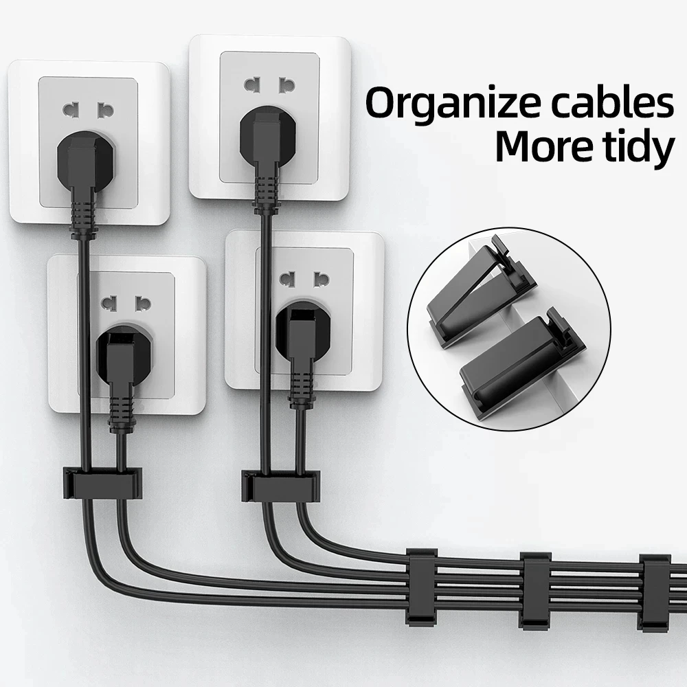 10Pcs Black Cable Winder Strong Adhesive Cable Holder Cord Management Organizer Wire Tie Fixer for Desk Cable Organizer Clip