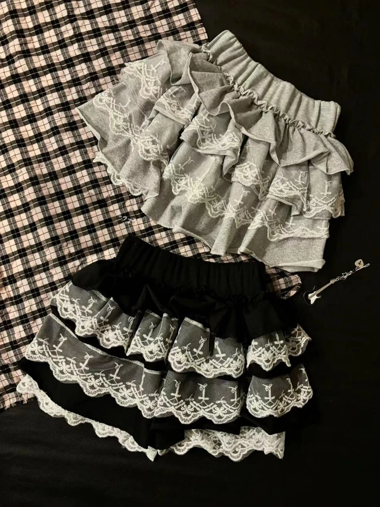 ฤดูร้อนหวานสูงเอวลูกไม้ Ruffle กระโปรงมินิกระโปรงผู้หญิง Kawaii Lolita Fluffy เค้กกระโปรง Vintage Y2K Harajuku แฟชั่นกระโปรงสั้น