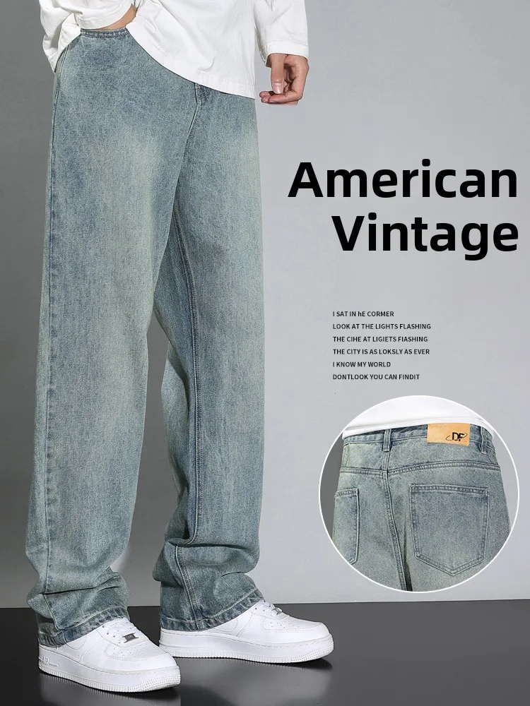 

Мужские джинсы больших размеров, повседневные, для подростков, широкие, в американском ретро-стиле, модные, с высокой талией, из хлопка, прямые, осенняя мода