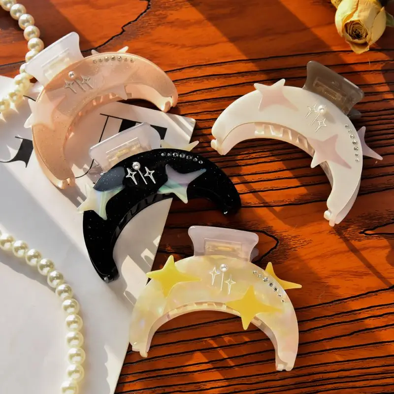 

1pc New Ramadan Starry Sky Moon Dreamy Gripper Water Diamond Premium Feel Acetate Hairpin Curved Moon Pearl Shark Clip