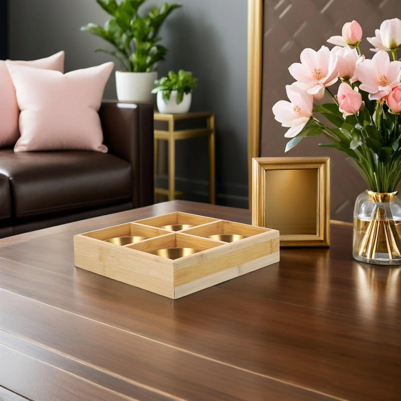 

1Set Wood Divided Serving Tray Four Section Platter Hot Pot Bbq Food Organizer Snack Serving Plate Restaurant Use