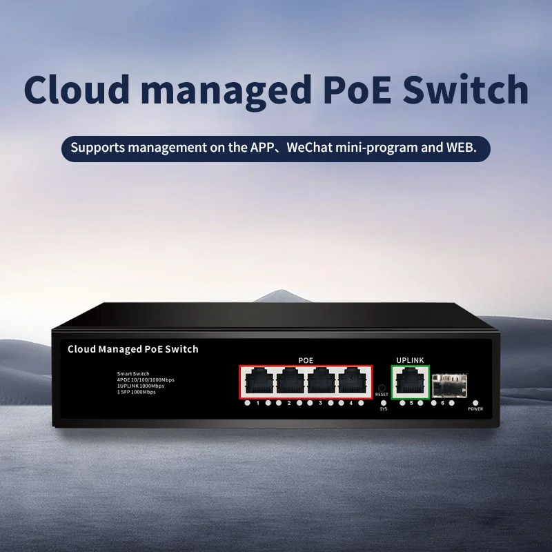 4 Port Cloud Managed 1000Mbps PoE Switch Support Web/App Smart Managed Remote Control Network Switch for Small Office Home