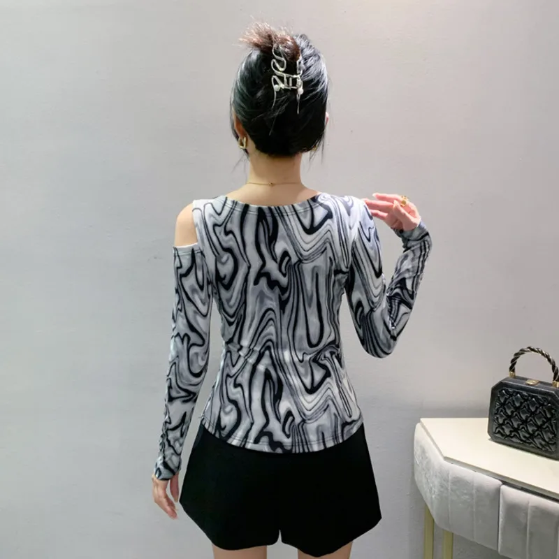 #8658 Spring Off Shoulder T Shirt Women Tie Dye Printed Long Sleeve T Shirt Split Joint Bow Short Basic T-shirt Female Vintage