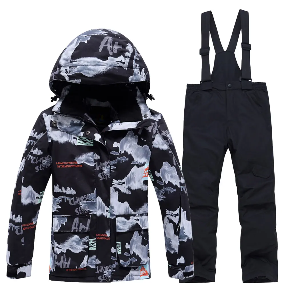 

2-Piece Boys Girls Skiing Jacket Bib Pants Kids Fashion Printed Snowsuits Hooded Winter Warm Windproof Snowboarding Wear