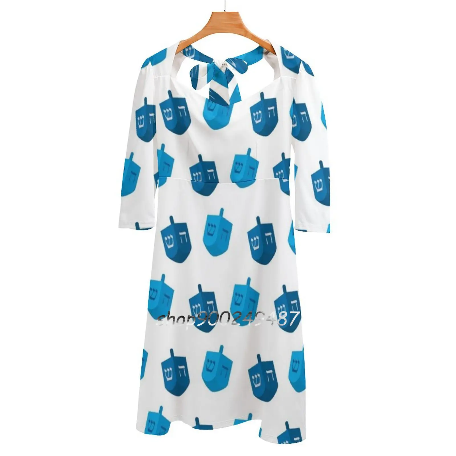 Dreidels-Hanukkah Square Neck Dress Cute Loose Print Dresses Elegant Beach Party Dress Hanukkah Dreidel Jewish Holiday