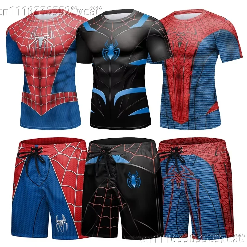 2026 Men 2 Piece Outfit Spider Graphic T-shirt Board Shorts Set Summer Casual Streetwear Suit Family Matching