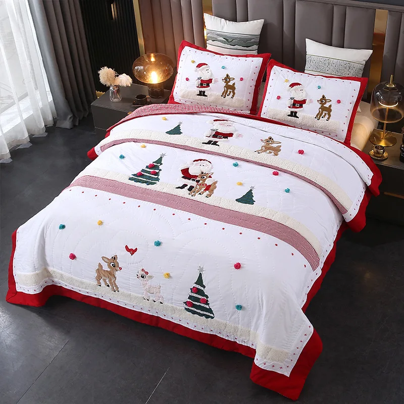 Christmas Handmade Applique Quilted Patchwork Bedspread for Kids, 3PCS Cotton Quilt Set, Lightweight Summer Comforter Pillowcase