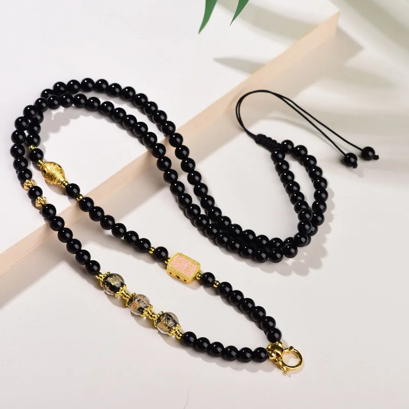 New Chinese Style Black Agate Pendant Necklace with Quick Release Rune Sweater Chain