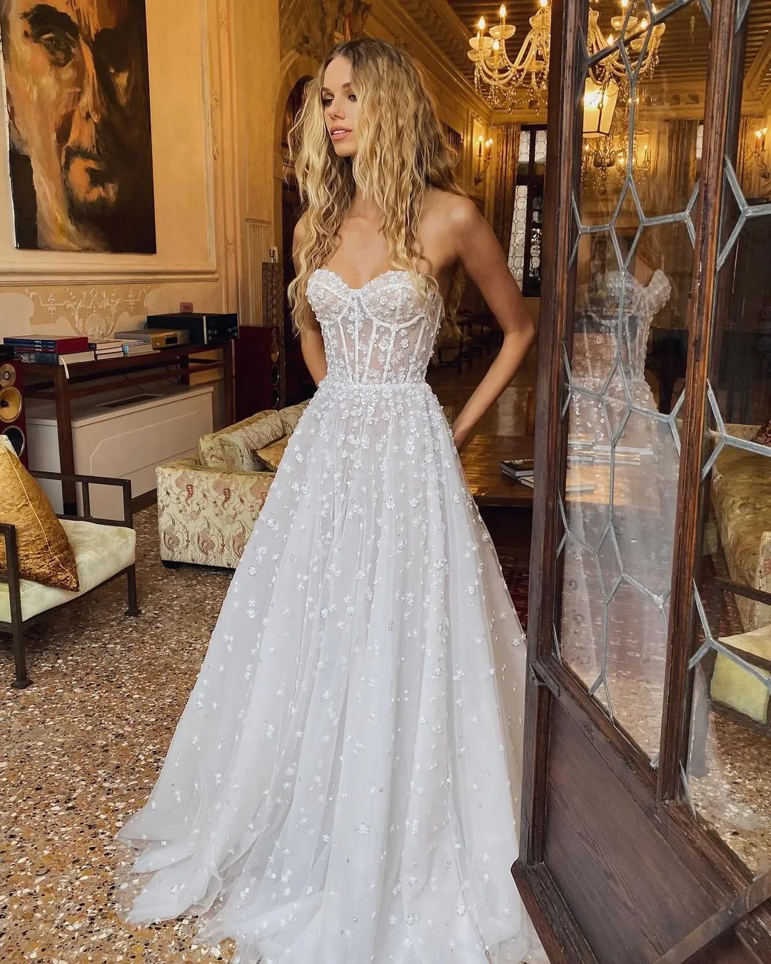 Vestidos de casamento boho para mulheres, flores 3D, mangas puff, apliques de renda, vestidos de noiva longos