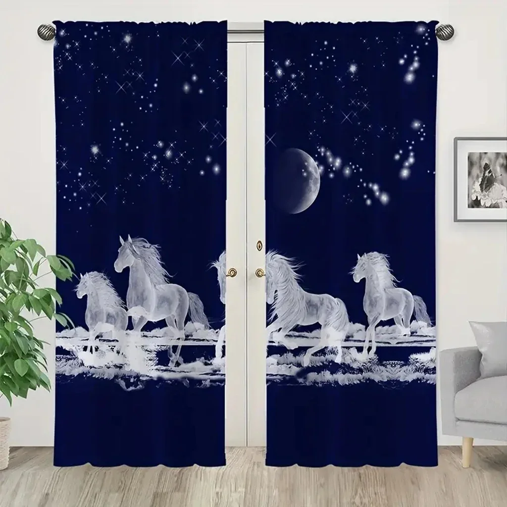 Realistic Wild Animal Horse Window Curtains Drapes for Kids Bedroom Living Room Kitchen Door Home Decor 2Pieces