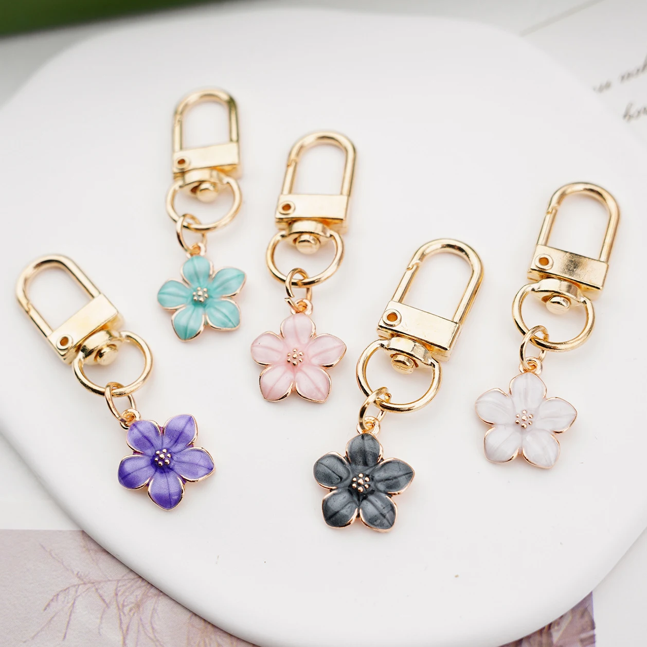 Dainty Sakura Flower Keychain Charm Enamel Purple Green Pink White Black Women Key Ring