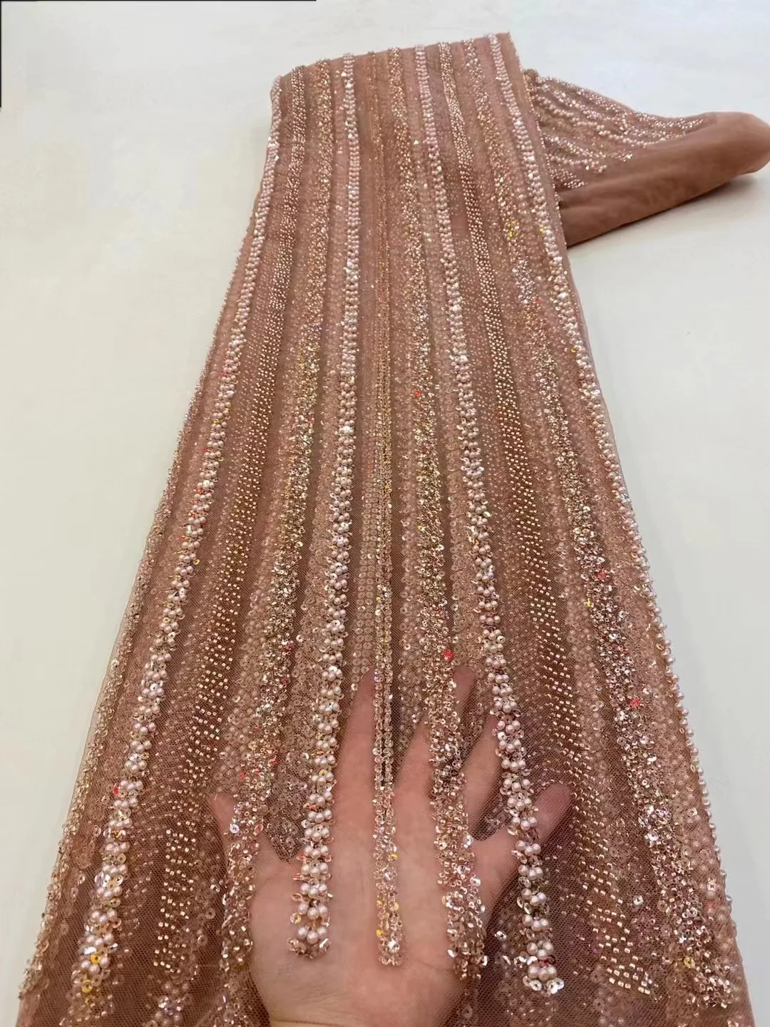 

Luxury French Mesh Lace with Sequins High-Quality Beads Fabric for Women African Nigerian Style Wedding Party Dress Sewing