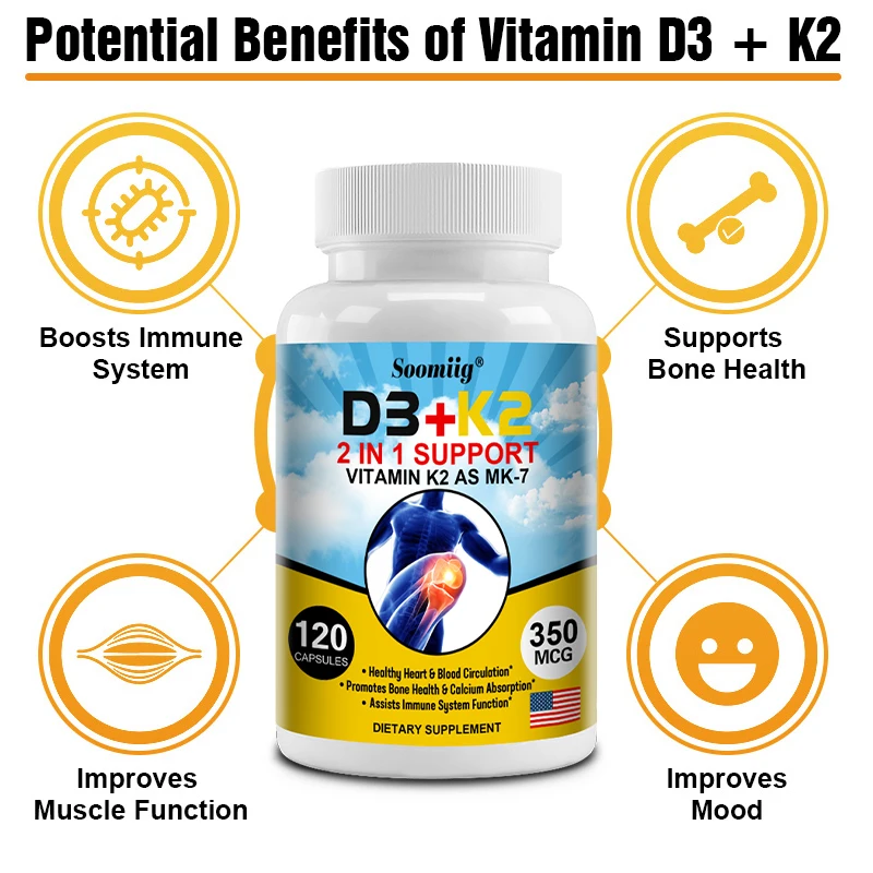 

Vitamin D3 + K2 - Help Regulate Calcium Metabolism, Promote Bone, Teeth and Skin Health, Support Immunity and Heart Health