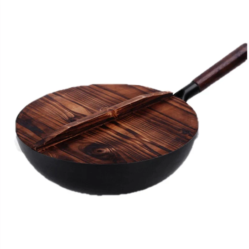 Wok in ghisa fatto a mano 32cm padella antiaderente Wok padelle pentola per uso domestico coperchio in legno fornello a Gas fornello a induzione