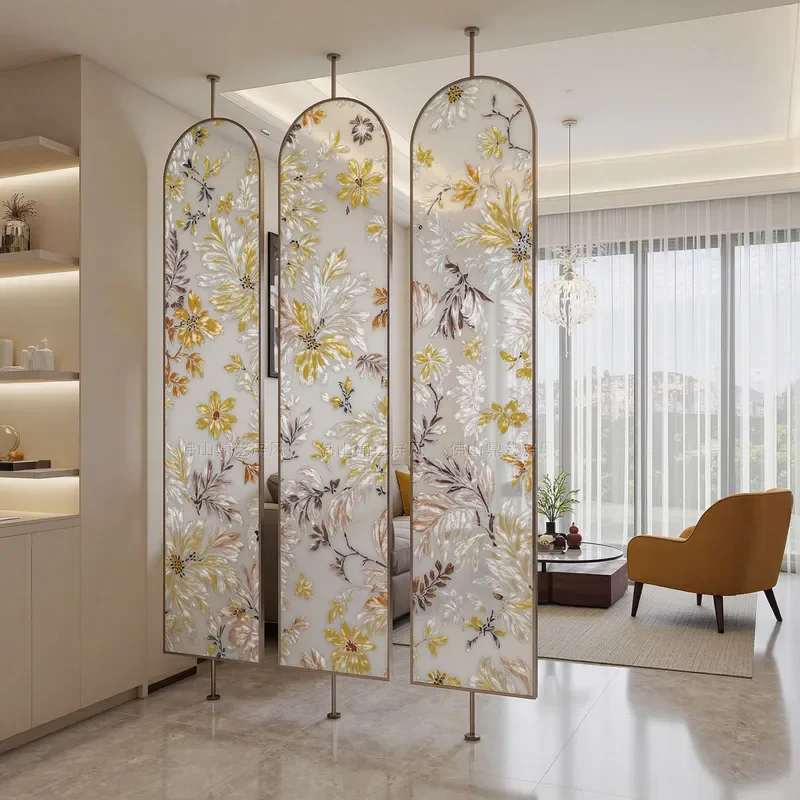 Modern Handmade Enamel Glass Room Divider Stainless Steel Rotating Screen for Hotel Bedroom Porch Light Translucent Partition