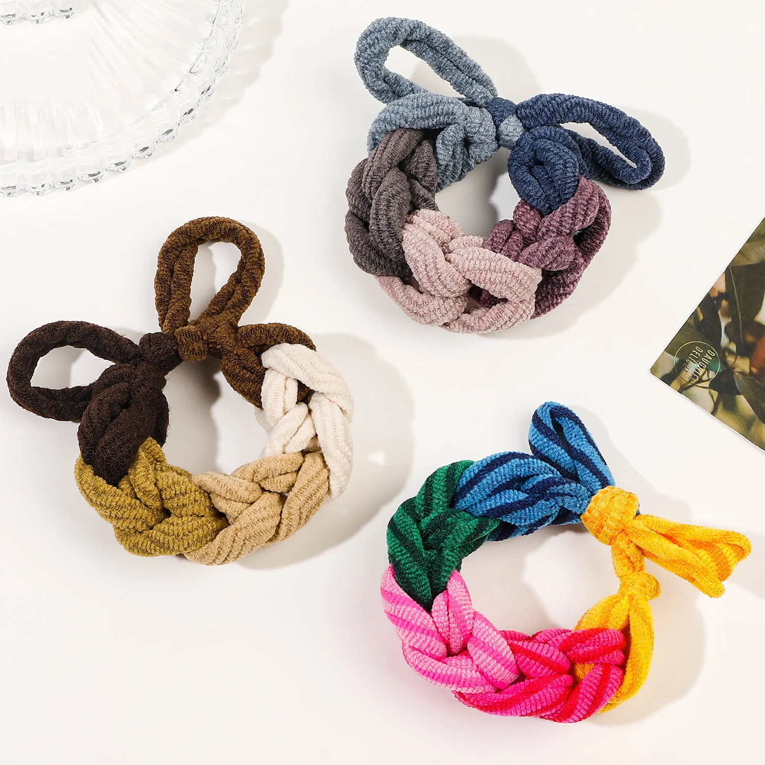 Neues Design Schleife Haargummis Band Buntes handgewebtes Haarseil für Frauen Hochelastische Haargummis Haarband Pferdeschwanz Haarschmuck – Detail 4