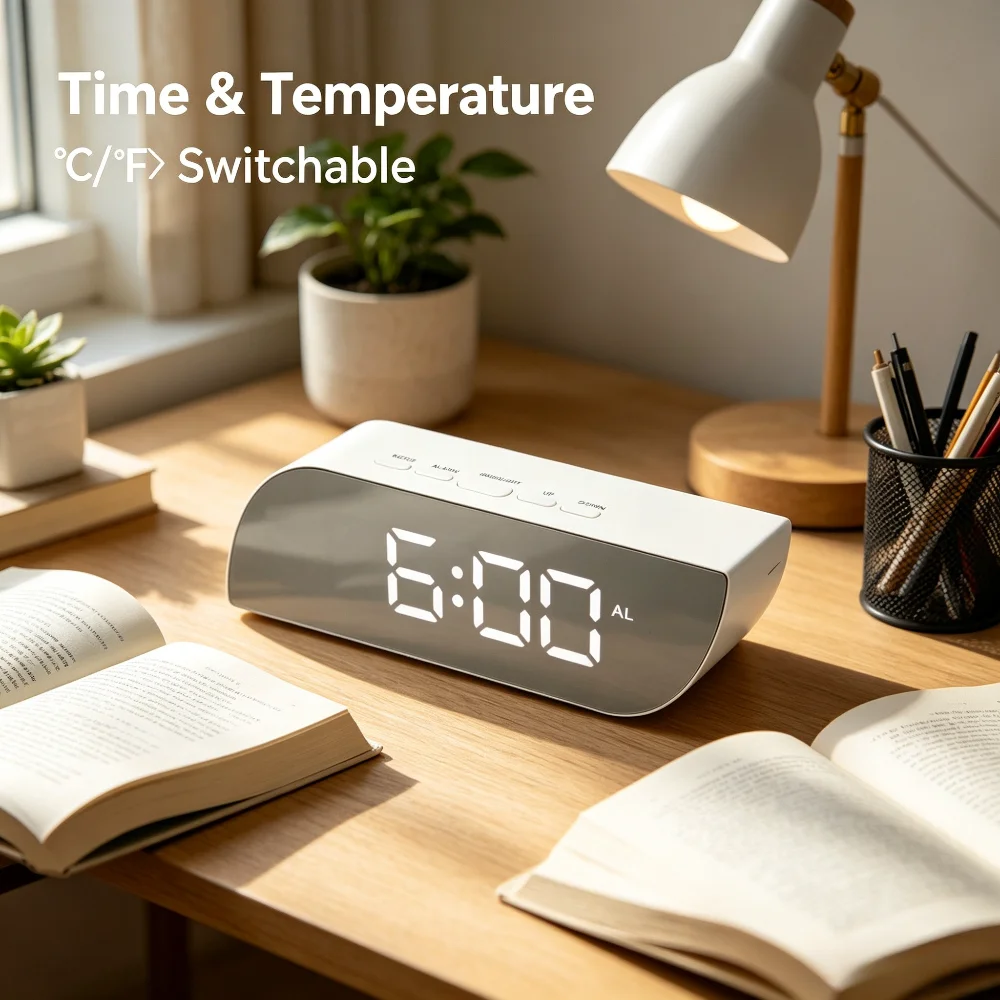 Orologio da Tavolo Digitale a LED con Specchio, Doppia Alimentazione, Display della Temperatura, Modalità Notturna, Retroilluminato