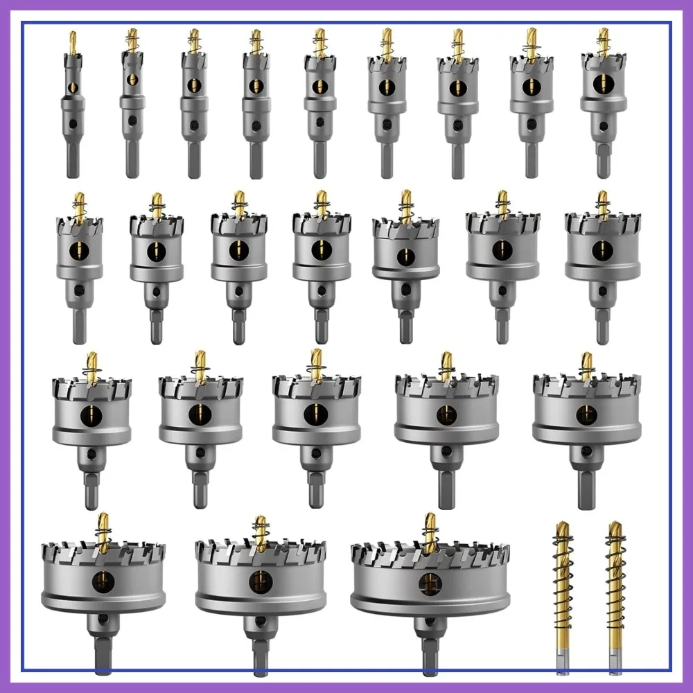 

26 PCS Heavy Duty Carbide Hole Saw Set, Metal Steel Drill Bit, TCT Cutter, 24 Saws with 2 Extra Pilot Center Drills, Ideal for Metal, Iron, Stainless (1/2''- 3-15/16'')