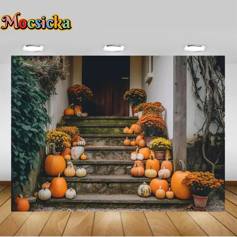 Photography Background Staircase Market Selling Pumpkins Flower Pot Fall Home Landscape Photo Booth Backdrops Party Decoration