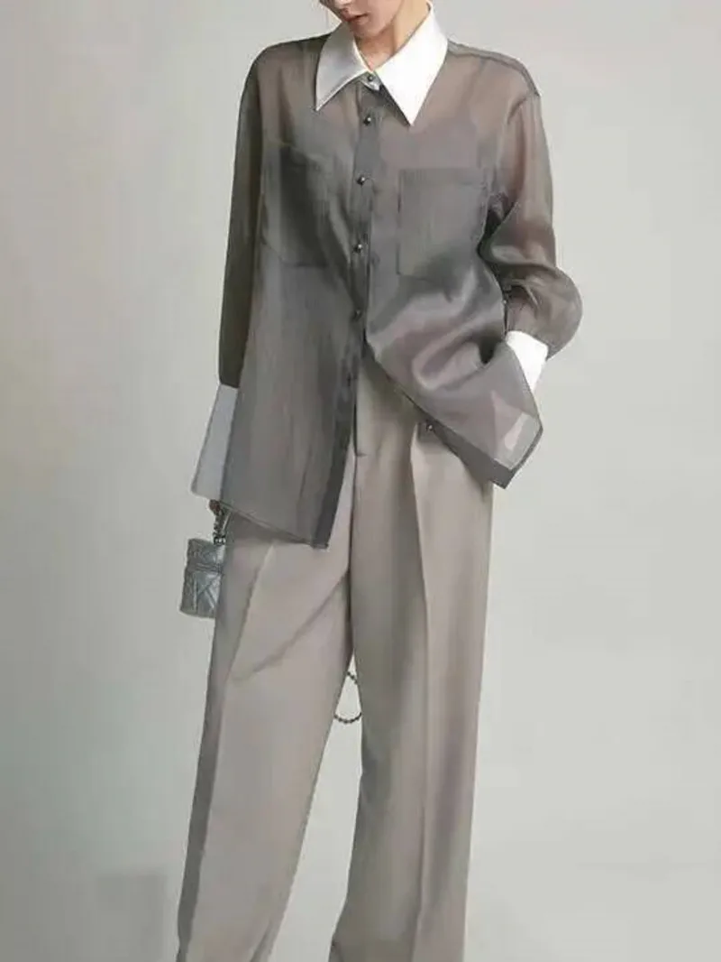 With Sunscreen Shirt Sling Top Women Lapel Single Breasted Long Sleeves Stitching Loose Clothes 2024 Summer New 2RB6H