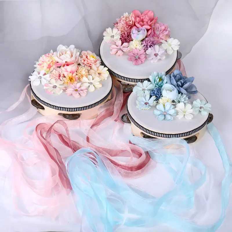 Ribbon Hand Drum 17.5cm Chinese Style Traditional Dance Flowers Decor Ethnic Performance Prop Percussion Instrument Tambourine