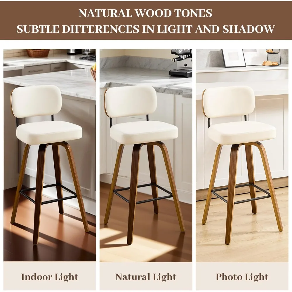 مجموعة من 2 مقعد مرتفع دوار 26 بوصة من الجلد الصناعي المنجد مع أرجل خشبية منحنية خلفية لجزيرة المطبخ أو البار #5
