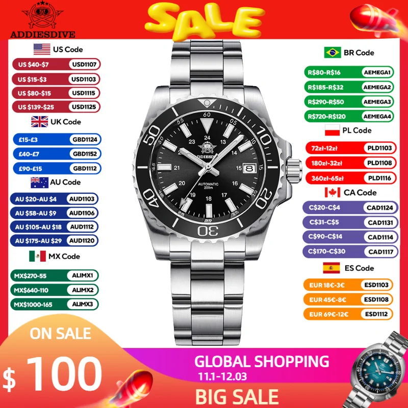 ADDIESDIVE New Men's Watches Japan 8215 Automatic Mechanical Watch Sapphire Glass Luminous 200m Waterproof Diving Wristwatch