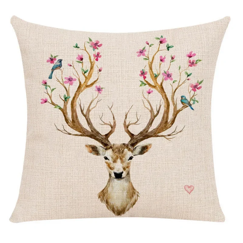 Linen Painted Milu Deer Pattern Print Pillow Sofa Cushion Home Living Room Bedroom Decorative Pillowcase