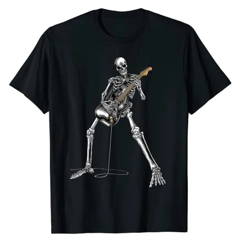 Happy Skeleton Guitar Guy Spooky Halloween Rock Band Concert T-Shirt Skull Printed Rap Hip Hop Streetwear Clothes Gothic Style