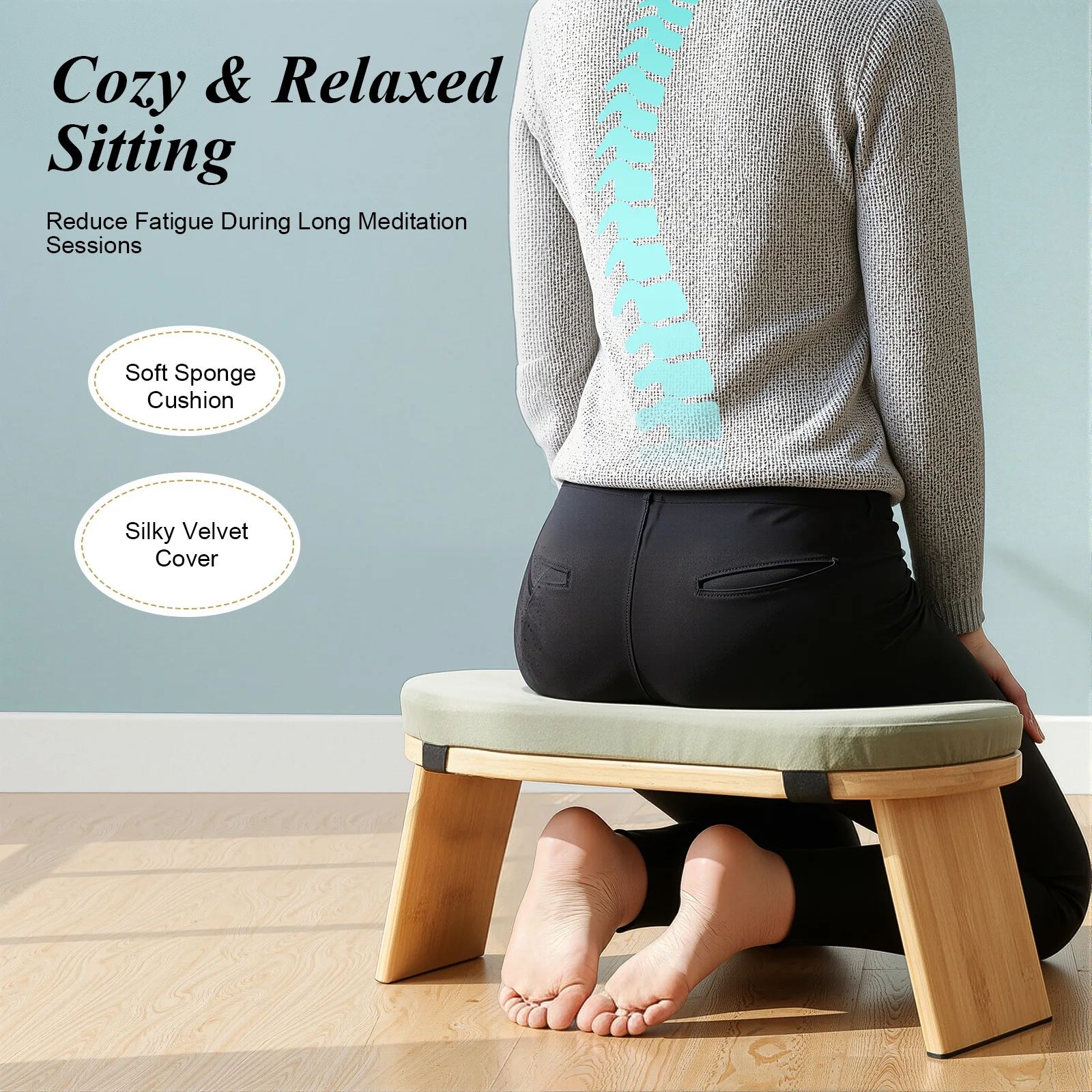 Foldable Meditation Bench, Portable Ergonomic Kneeling Meditation Stool with Cushion, Bamboo Yoga Chair for Seiza Prayer Home Gym, Floor Seat