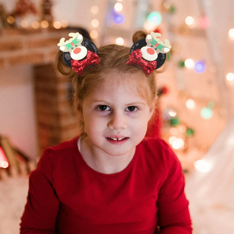 새로운 디즈니 미키 크리스마스 마우스 귀 헤어 클립 소녀를위한 반짝이 활 머리핀 어린이 축제 파티 DIY 헤어 액세서리