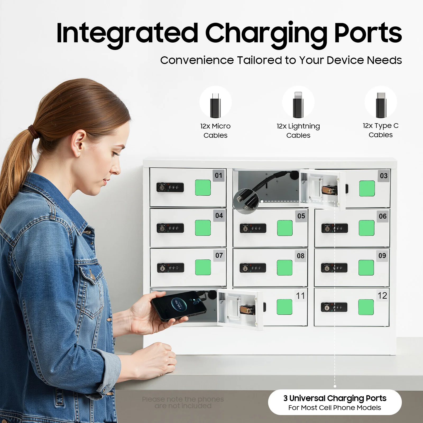 12-Bay Cell Phone Charging Locker Combination Lock Storage Cabinet Phone Charging Station With Acrylic Window Dual Unlock