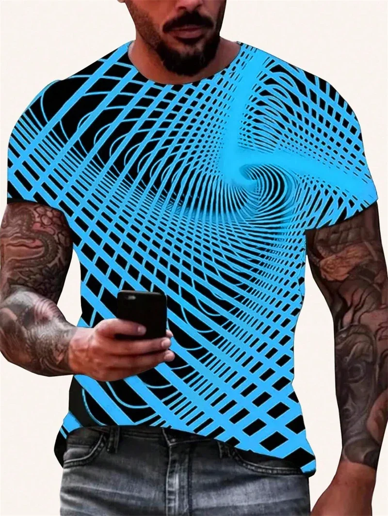Fashion Men's Blue Optical Illusion Print T-Shirt Geometric Crew Neck Short Sleeve Casual Streetwear Breathable Tee Tops