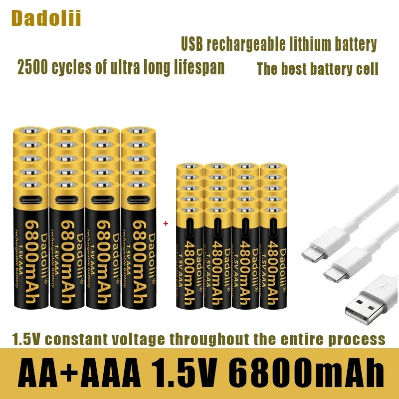 Dadoli batteria ricaricabile USB originale agli ioni di litio, batteria 1.5V AA + AAA, 6800mAh/ioni di litio, giocattolo, lettore MP3, tastiera