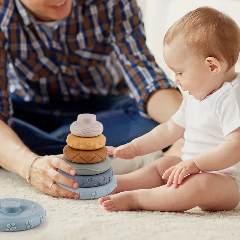 Décennie s de construction en silicone pour bébés, jouets Montessori pour bébés, empileur à presser et jouets de dentition, jouet d'apprentissage précoce, tout-petits, garçons, filles