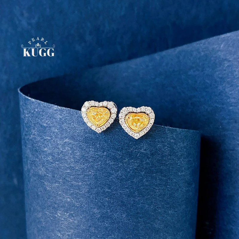 KUGG 100% 18K White Gold Earrings Luxury Heart Shape Real Natural Yellow Diamond Stud Earrings for Women Senior Banquet