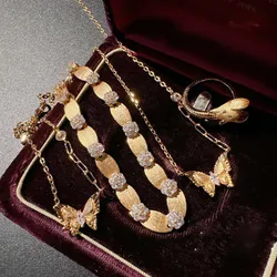 Women Vintage Brushed Butterfly Gemstone Necklace Curved Flower Zircon Bracelet 2024