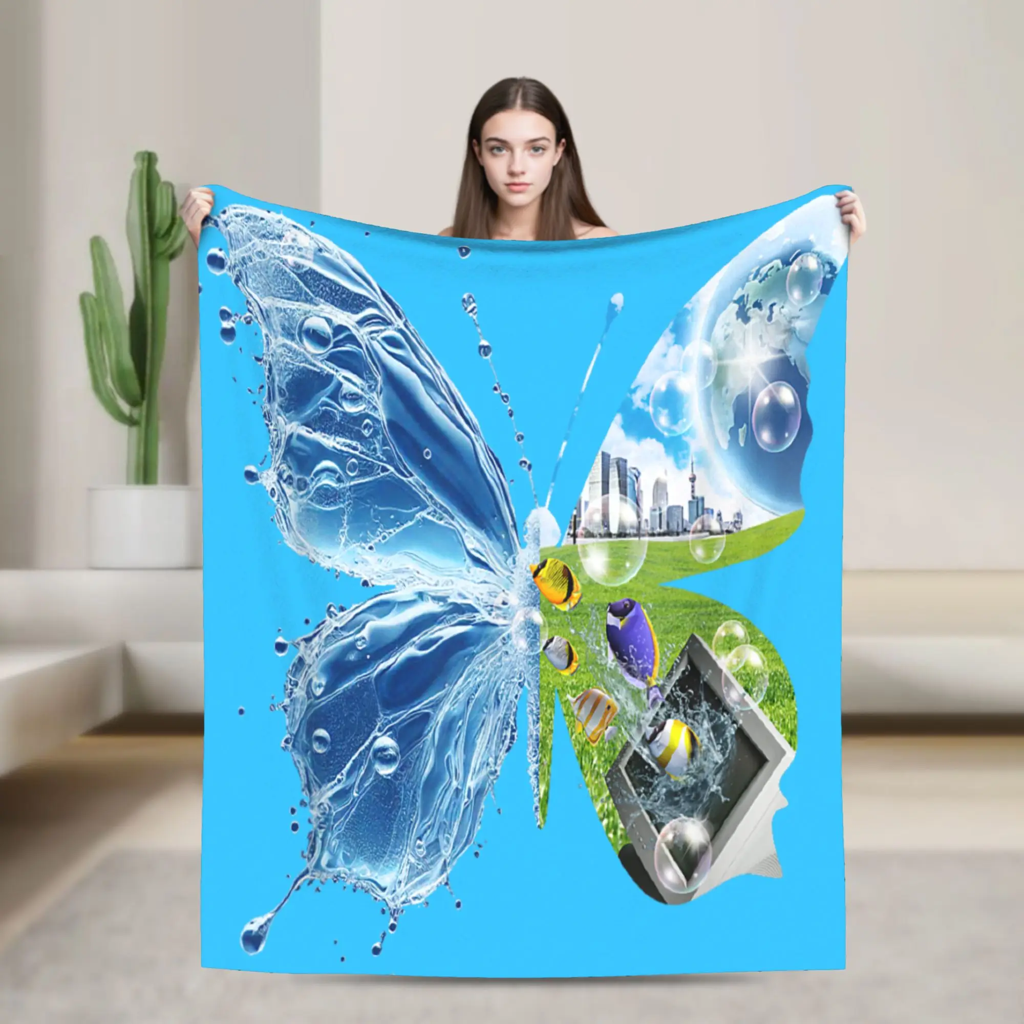 Frutiger Aero Flannel Throw Blankets Aesthetic Butterfly Computer Fishes Scenery Blanket for Sofa Car Super Warm Bed Rug