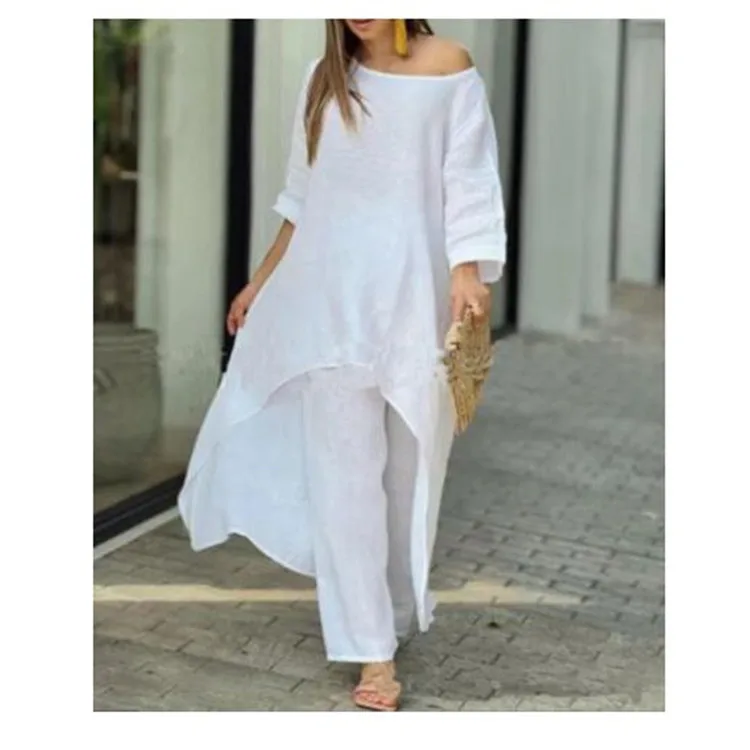 Autumn Casual Irregular Dress Pants Two Piece Sets Women Solid O-neck Long Sleeve Dresses Outfits Office Cotton And Linen Suit