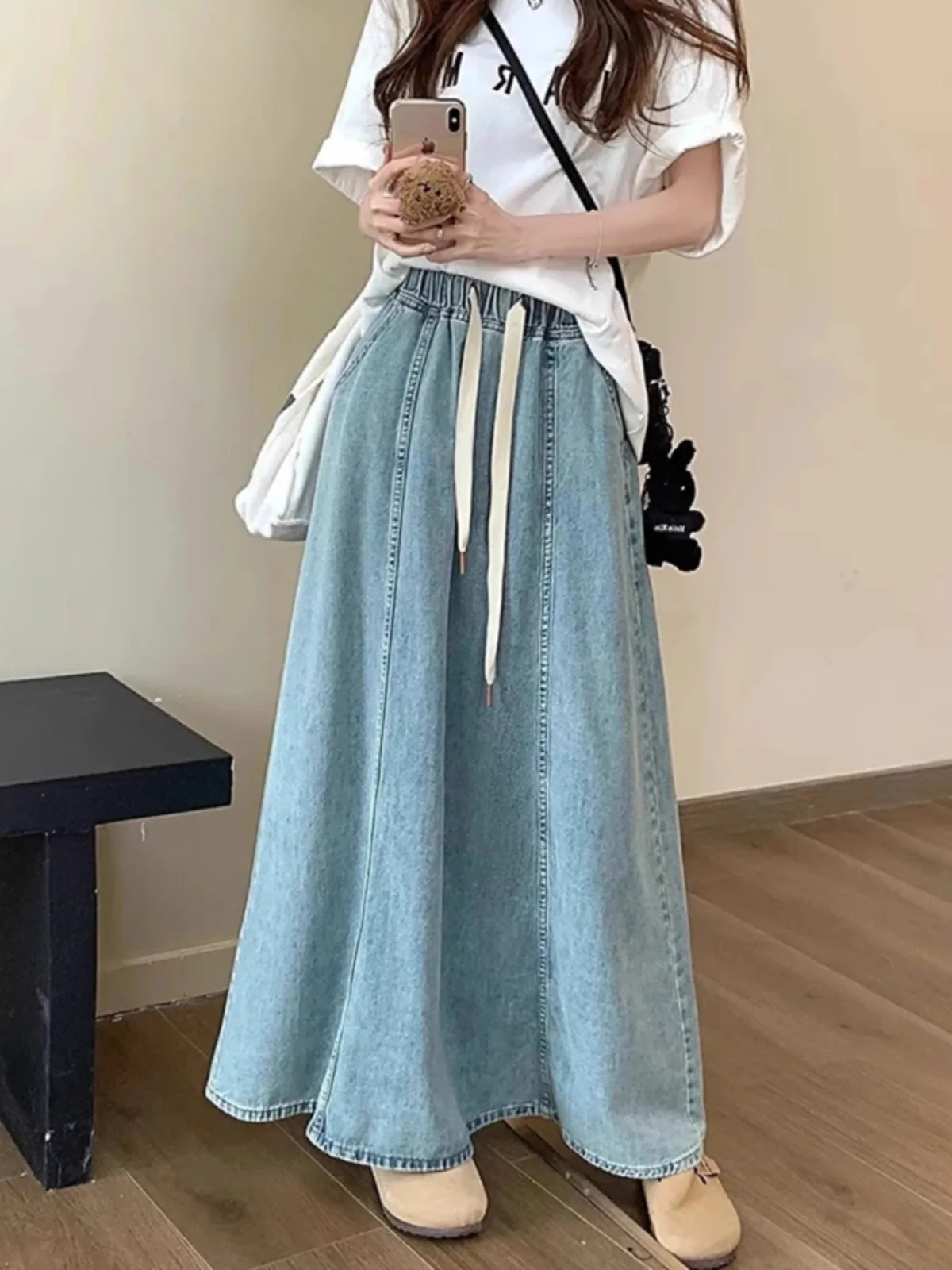 plus Size Vintage Elastic Waist Drawstring A-Line Denim Skirt Women Autumn Winter Slimming Long Skirts Korean Style Polyester...