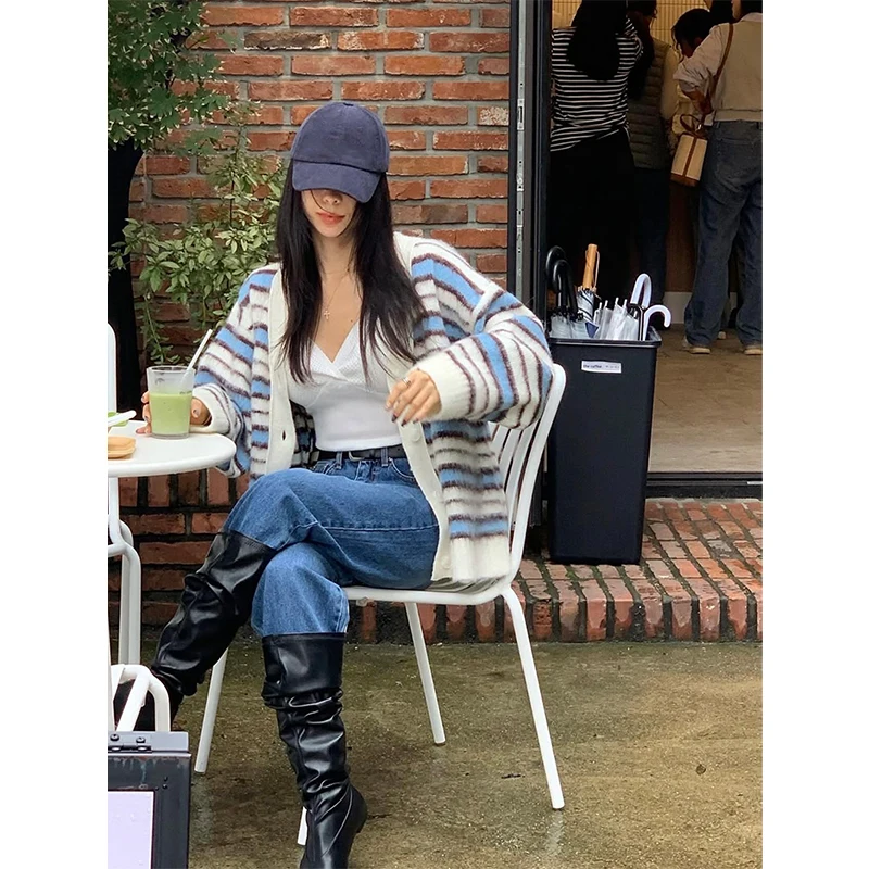 Harajuku مخطط سترة مشغولة من الصوف المرأة خمر سترة طويلة الأكمام ملابس خارجية الكورية المرقعة تريكو الشتاء فضفاض لاعبا #4