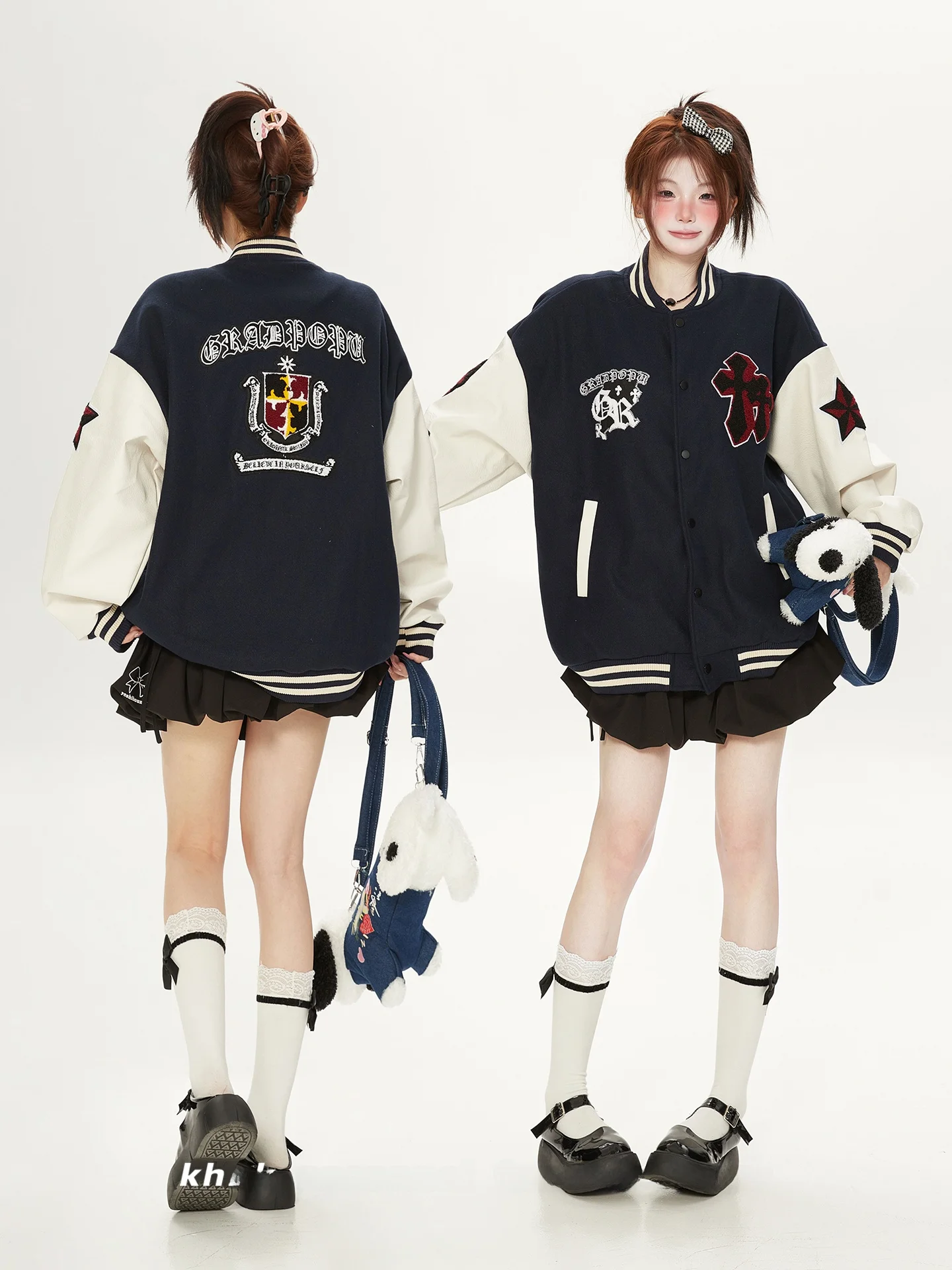 

Retro American Bae Towel Embroidery Leather Sve Loose Baseball Jaet for Women AutumnBF Sle Patchwork Coat Outerwear