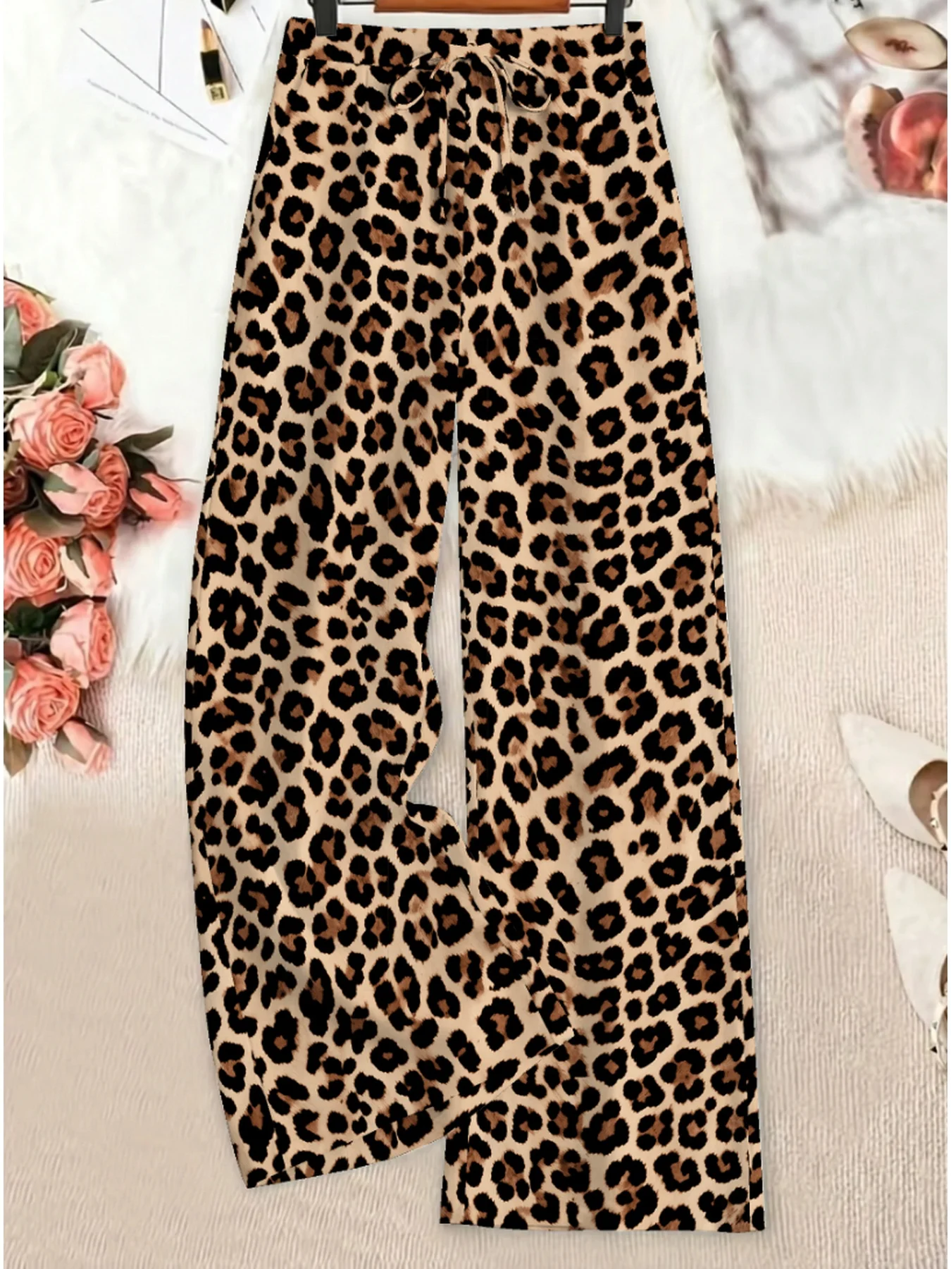 Women's Leopard Print Drawstring Pants Casual Comfortable Elegant Wide Leg with Elastic Waistband