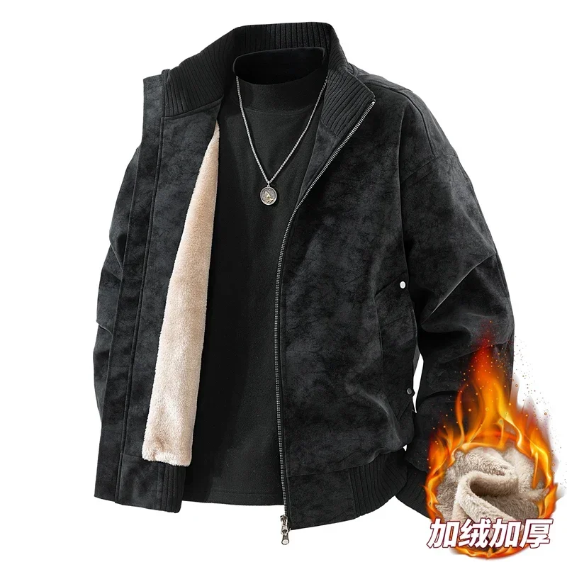  Plus Size 6XL For 150Kg  Winter Suede Jacket MenThick Motorcycle Youth Stand Collar Men's Windproof Warm Faux Leather Pu Coats