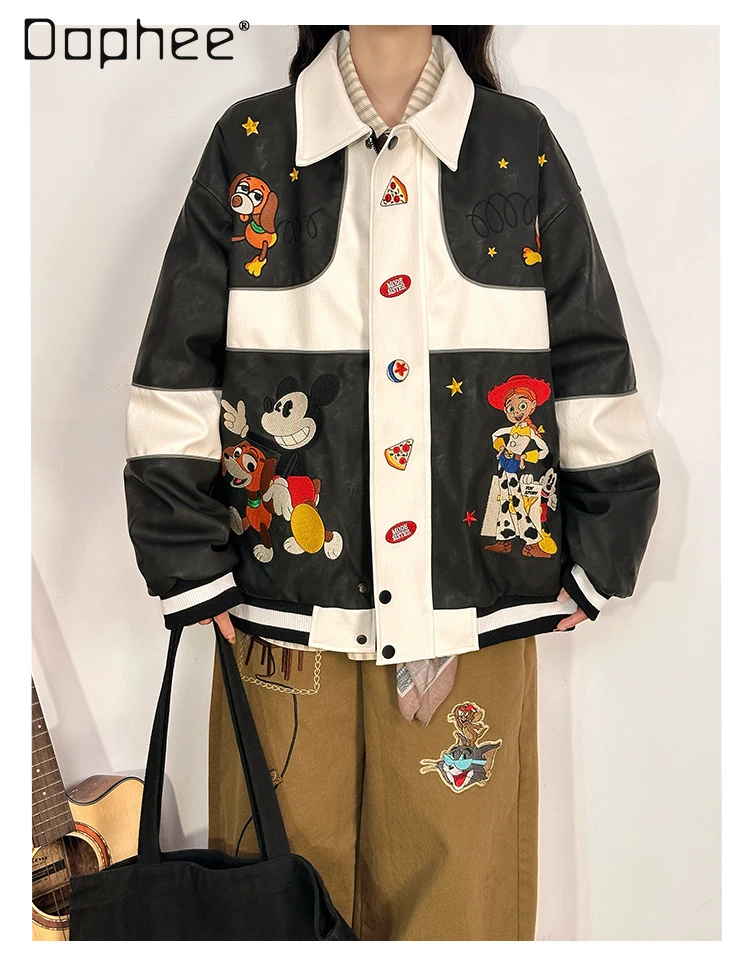 2025 الشتاء الرجعية الكرتون التطريز كتلة اللون سميكة بلوزات سترة بولي Leather الجلود بدوره إلى أسفل طوق معطف مبطّن بالقطن #1