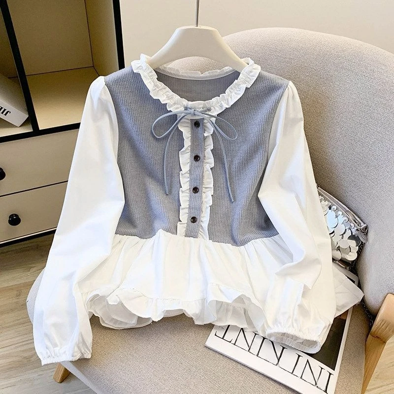 2026 Girls Lace Up Shirt Sweet Doll Top Spring Autumn Kids Fashion Blouse
