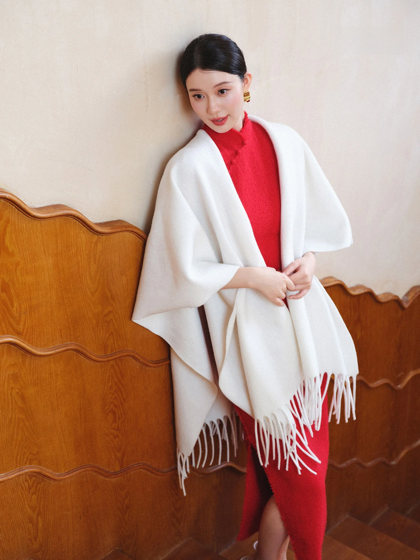 

Ele White Tassel awl Bridal Outerwear Warm White Autumn Winter Engagement Ceremony Wedding Dr Code Polyester Wool Blend