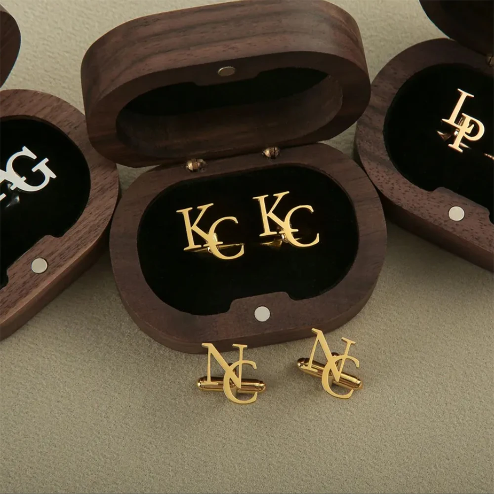 Gemelos personalizados con combinación de letras iniciales, regalos de boda para el novio y los padrinos, exquisita caja de madera.